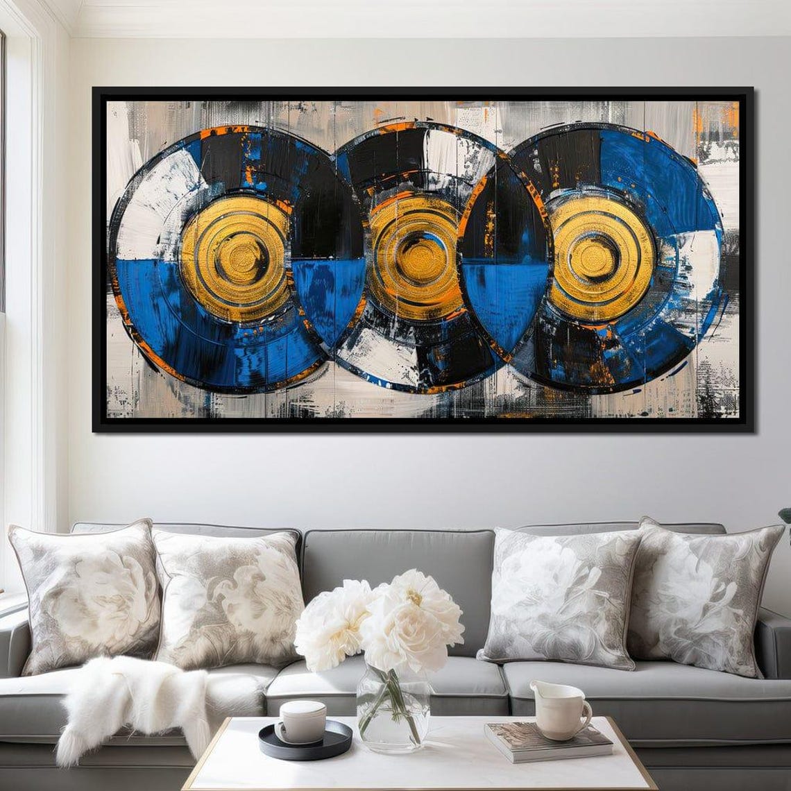 Blue Gold Circle Trio Abstract Art Overlapping Orbits Bold Wall Poster - Image 2