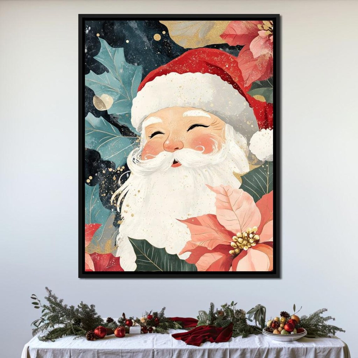 Joyful Santa Claus With Poinsettias And Holly Festive Xmas Poster