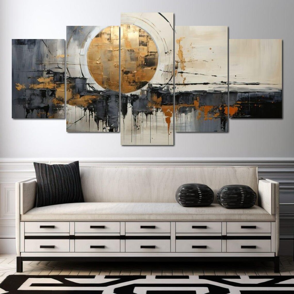 Golden Sun Circle Grey Black Impasto Abstract Modern Living Room Wall Art Poster - Image 4
