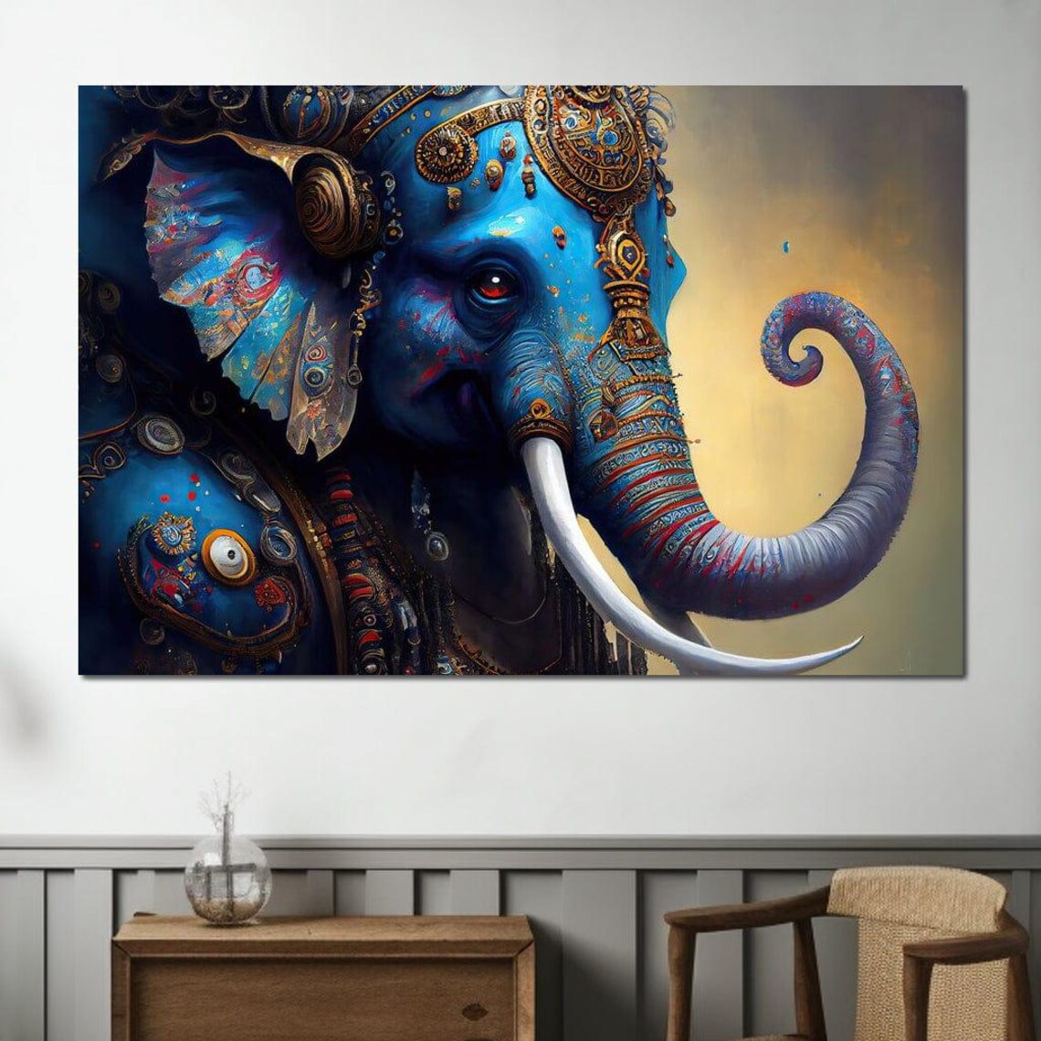 Ganesha Blue Elephant God Ornate Gold Hindu Spiritual Wall Art Poster - Image 3
