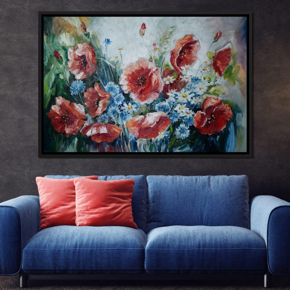Red Poppies Blue Cornflowers Oil Painting Wildflower Meadow Print