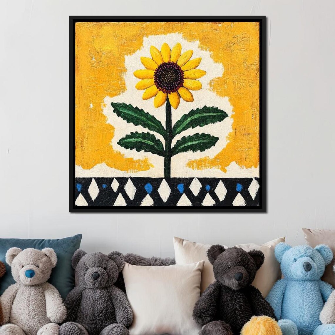 Cheerful Sunflower Folk Art Painting Yellow Bloom Naive Wall Art - Image 3