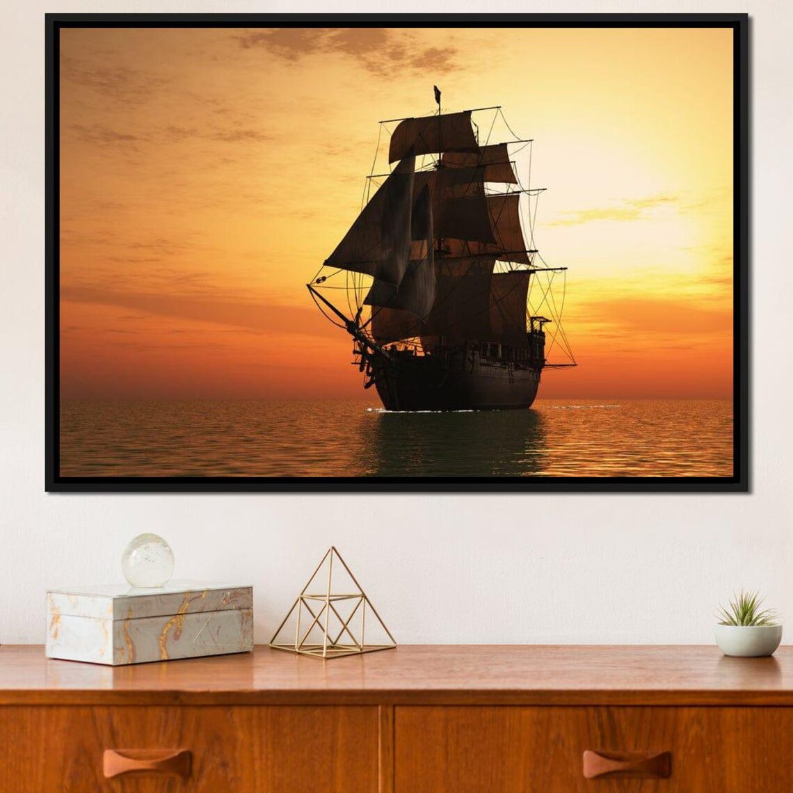 Tall Sailing Ship Silhouette Sailing at Orange Sunset Calm Sea Poster - Image 2