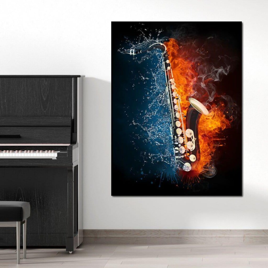Saxophone Fire Water Jazz Music Abstract Flames Blue Splash Wall Art Poster - Image 4