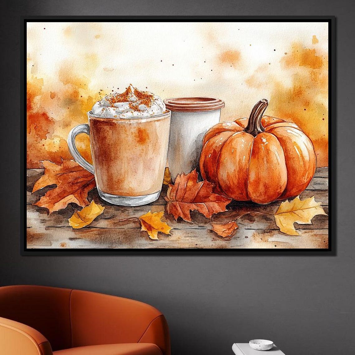 Pumpkin Spice Latte Watercolor Mugs Autumn Leaves Cozy Fall Art Poster