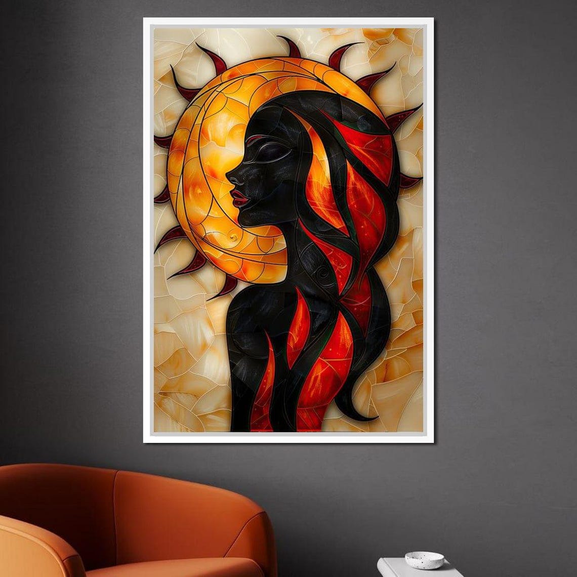 Solar Siren Stained Glass Fire Goddess Red Black Flame Mosaic Poster - Image 2