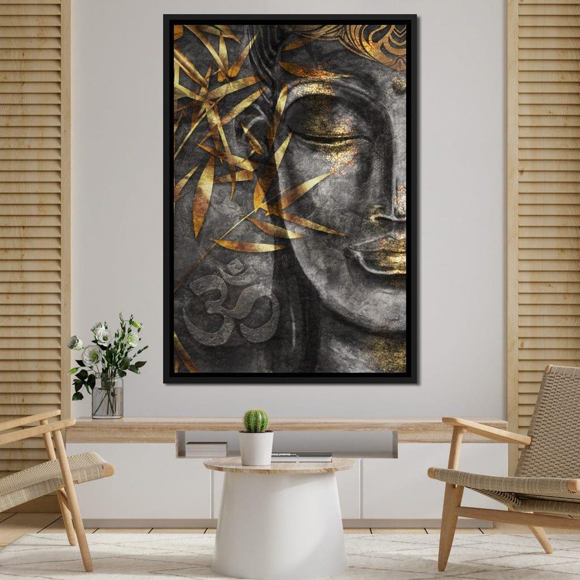Gold Grey Buddha Face Om Symbol Bamboo Zen Meditative Wall Art