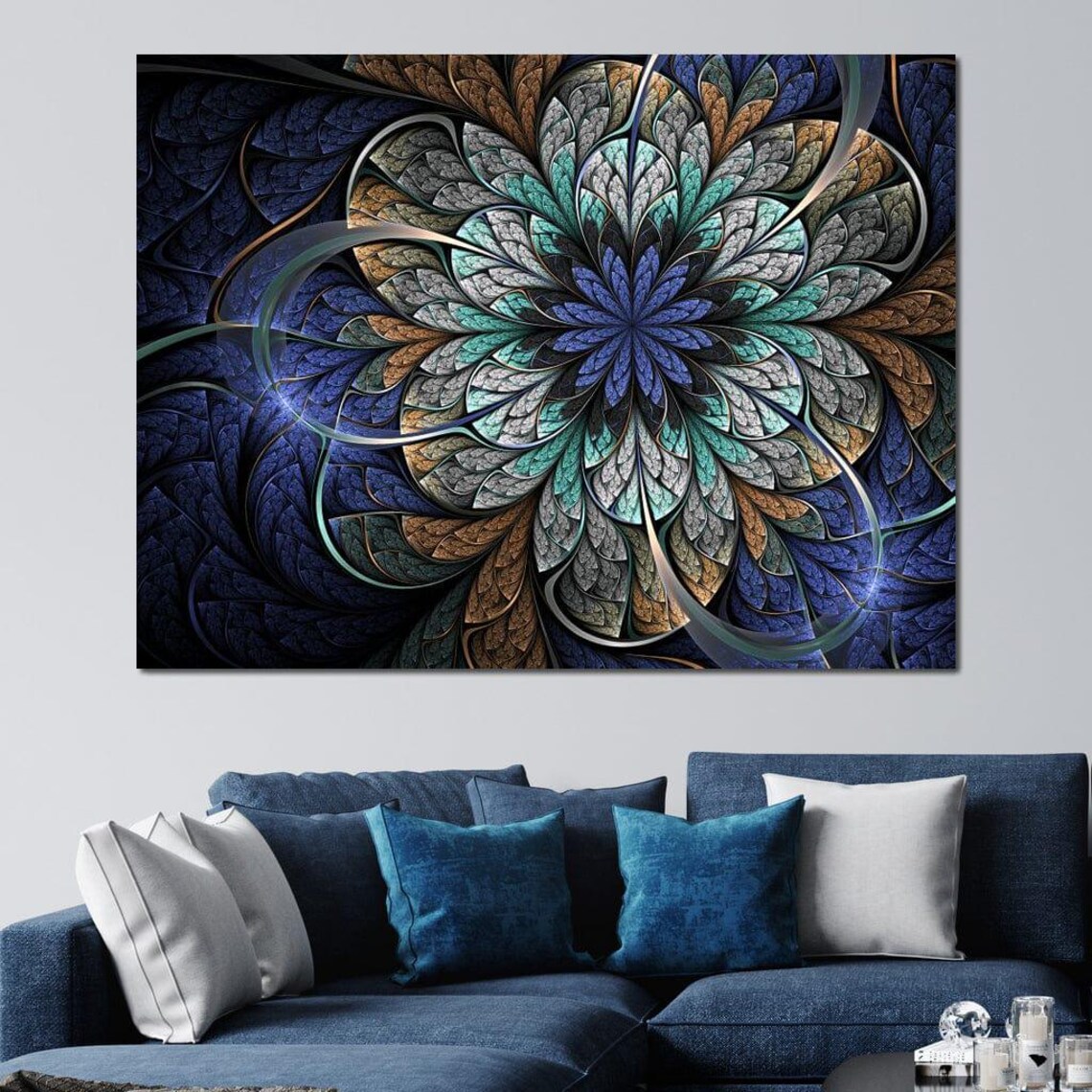 Blue Gold Fractal Mandala Flower Geometric Bloom Modern Art Poster - Image 4