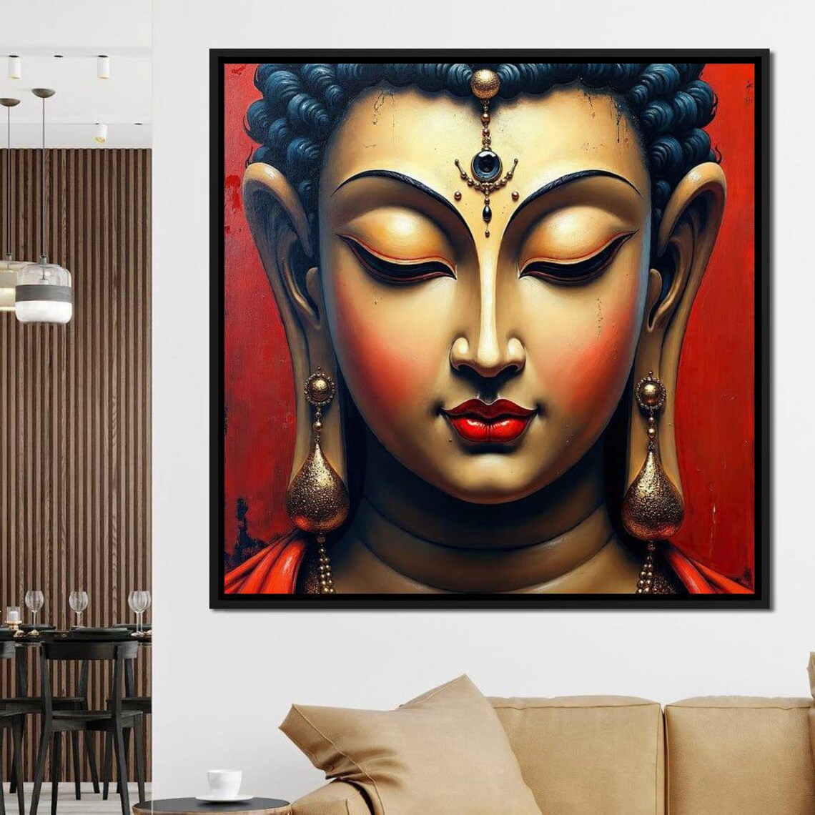 Serene Buddha Face Red Background Gold Robe Meditative Zen Art Poster - Image 3