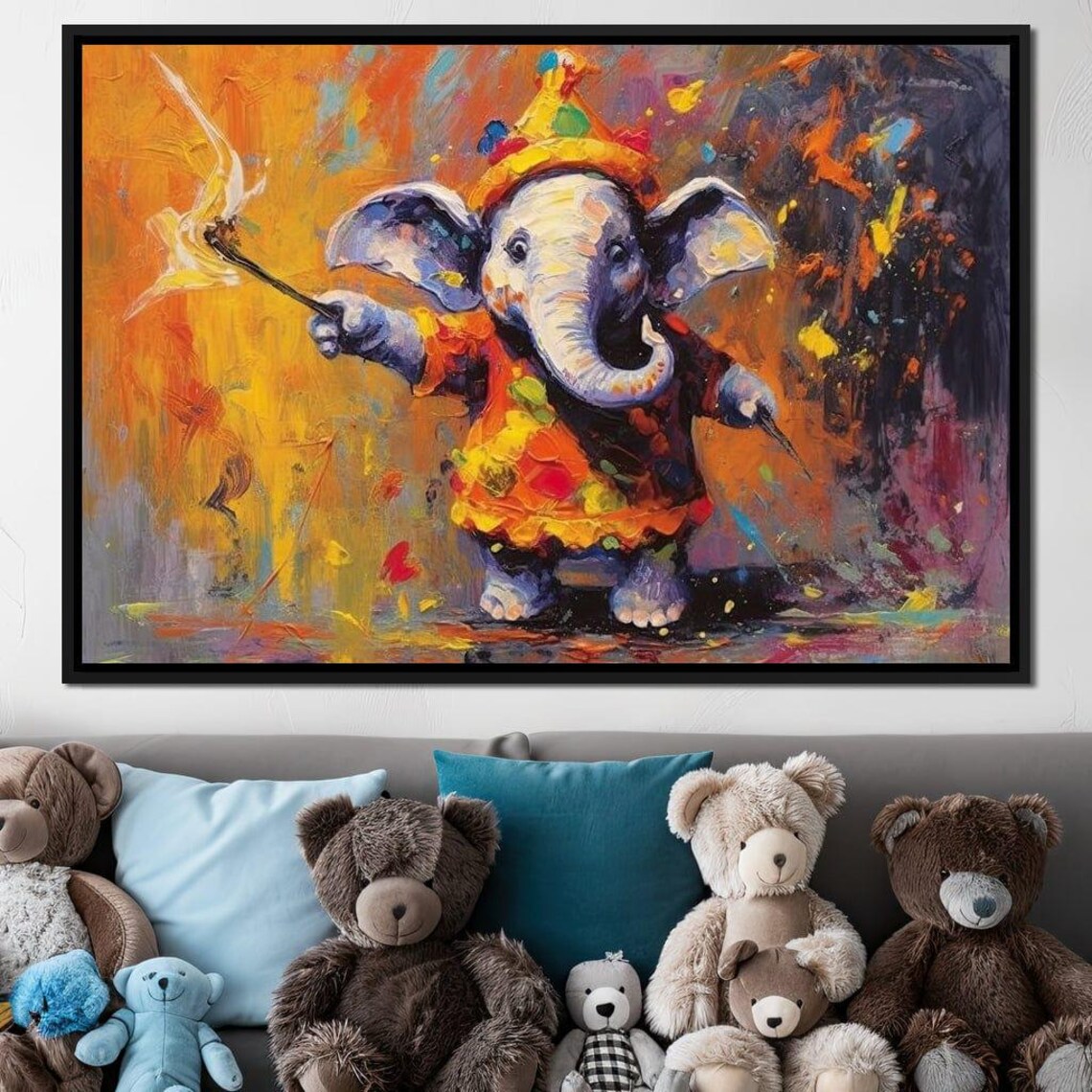 Cute Elephant Painter Clown Hat Colorful Kids Room Art Wall Poster - Image 2