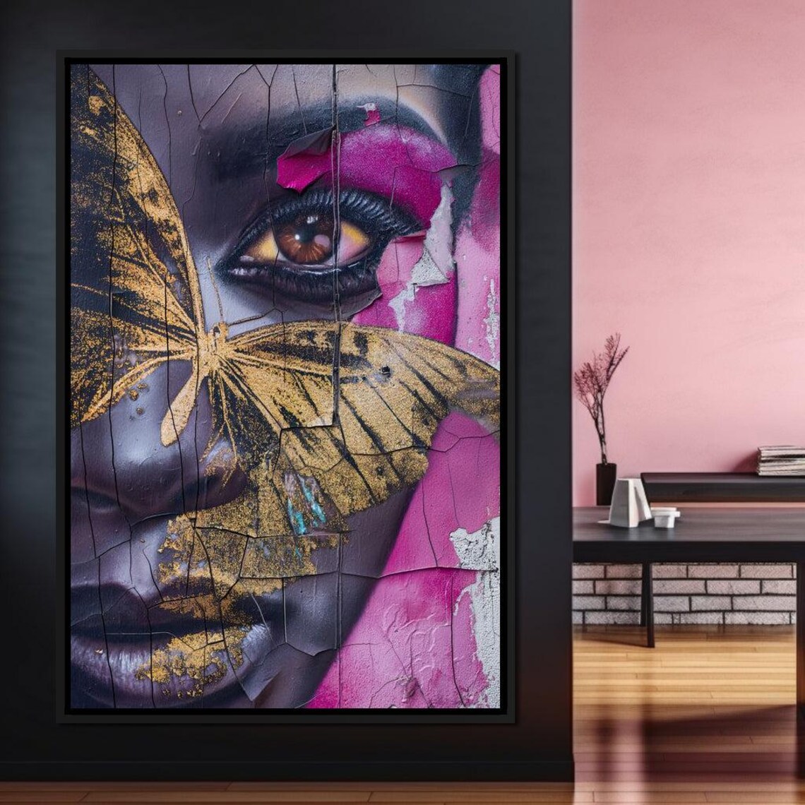 Golden Butterfly Woman Eye Cracked Graffiti Urban Street Art Poster