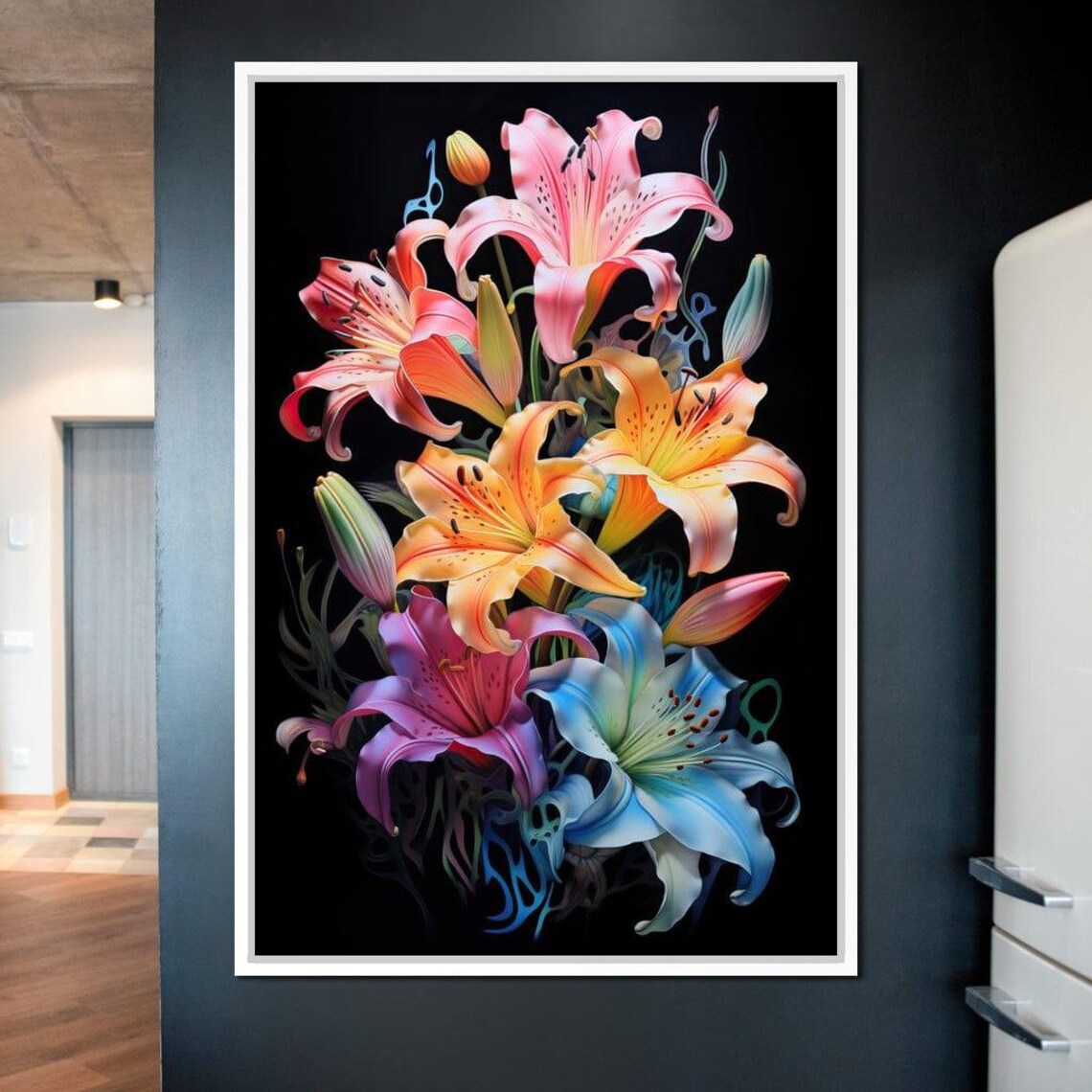 Colorful Rainbow Lilies Bouquet Black Background Vibrant Floral Poster - Image 3