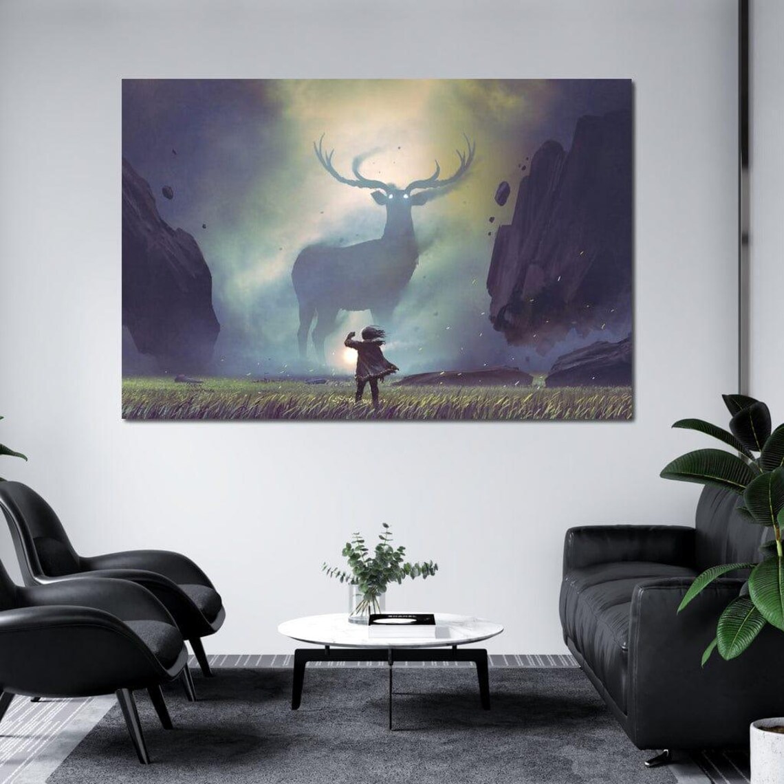 Spiritual Giant Deer Mystic Girl Fantasy Enchanted Field Wall Art - Image 3