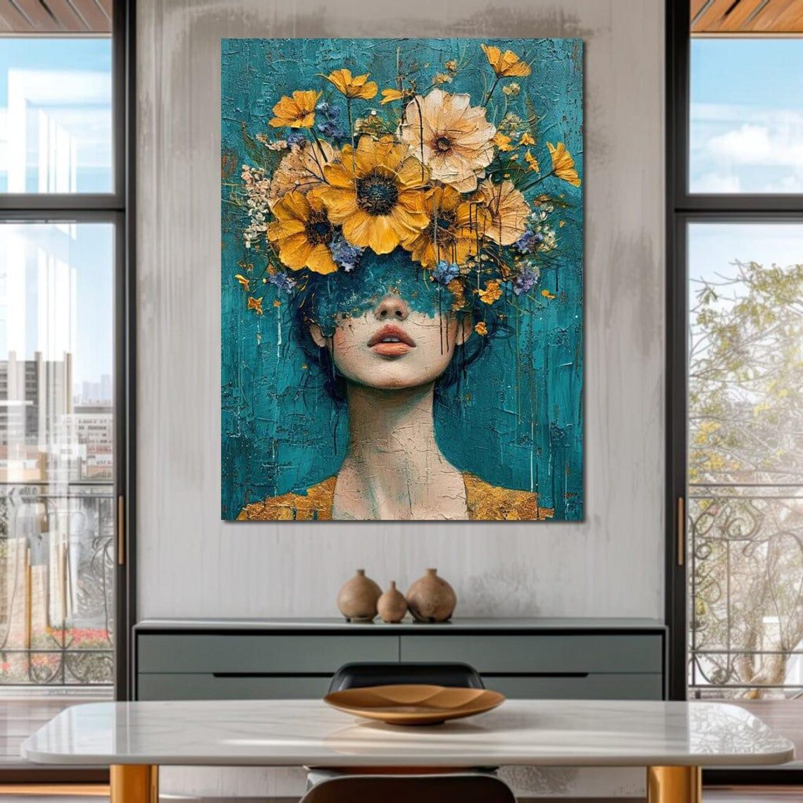 Sunflower Bloom Veil Woman Teal Floral Surreal Portrait Wall Art - Image 3