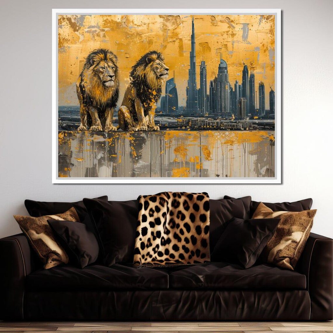 Twin Lions Dubai Skyline Gold Leaf Urban Wildlife Art Wall Poster