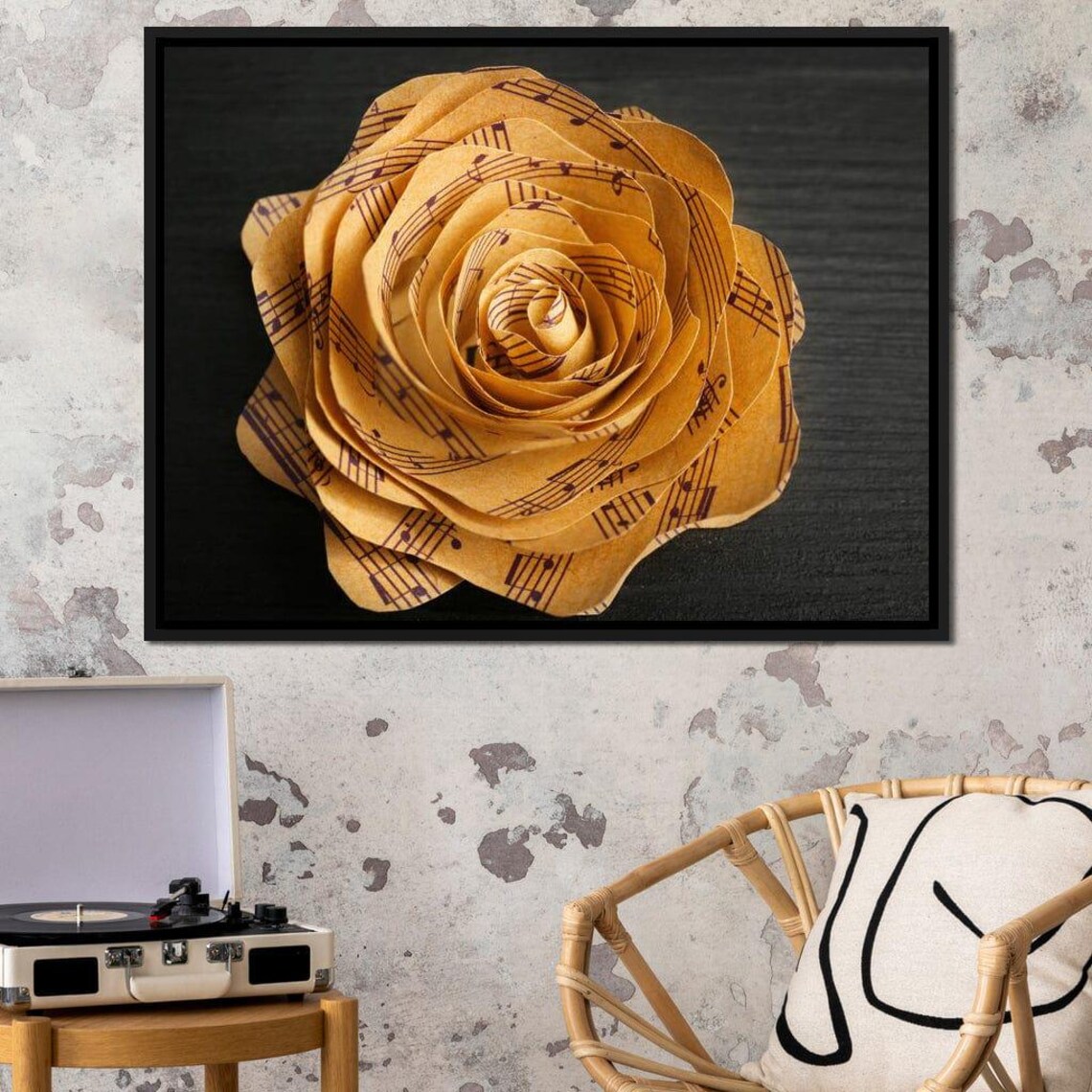 Sheet Music Paper Rose Black Background Musical Flower Art Poster