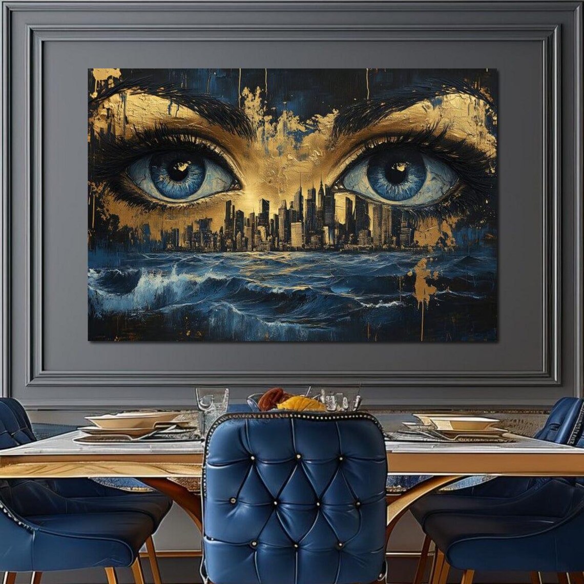 Golden Blue Eyes Night City Skyline Ocean Waves Mystic Wall Art - Image 2