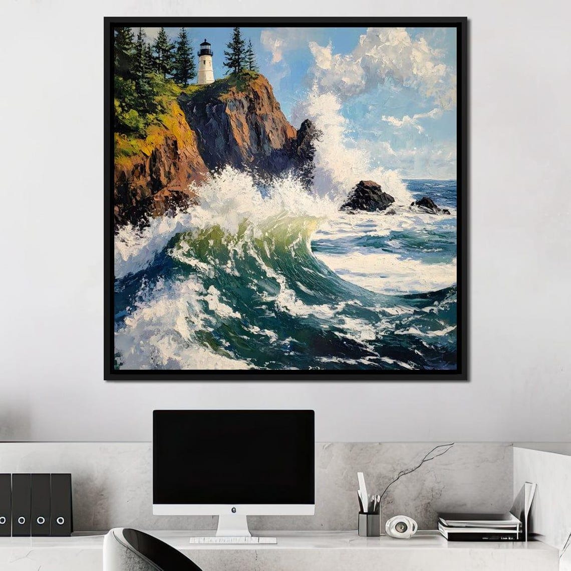 Coastal Lighthouse Wavescape Ocean Waves Wall Art Nautical Scene Beach Home Decor Nature Landscape Seascape Print By Nichecanvas - Image 3
