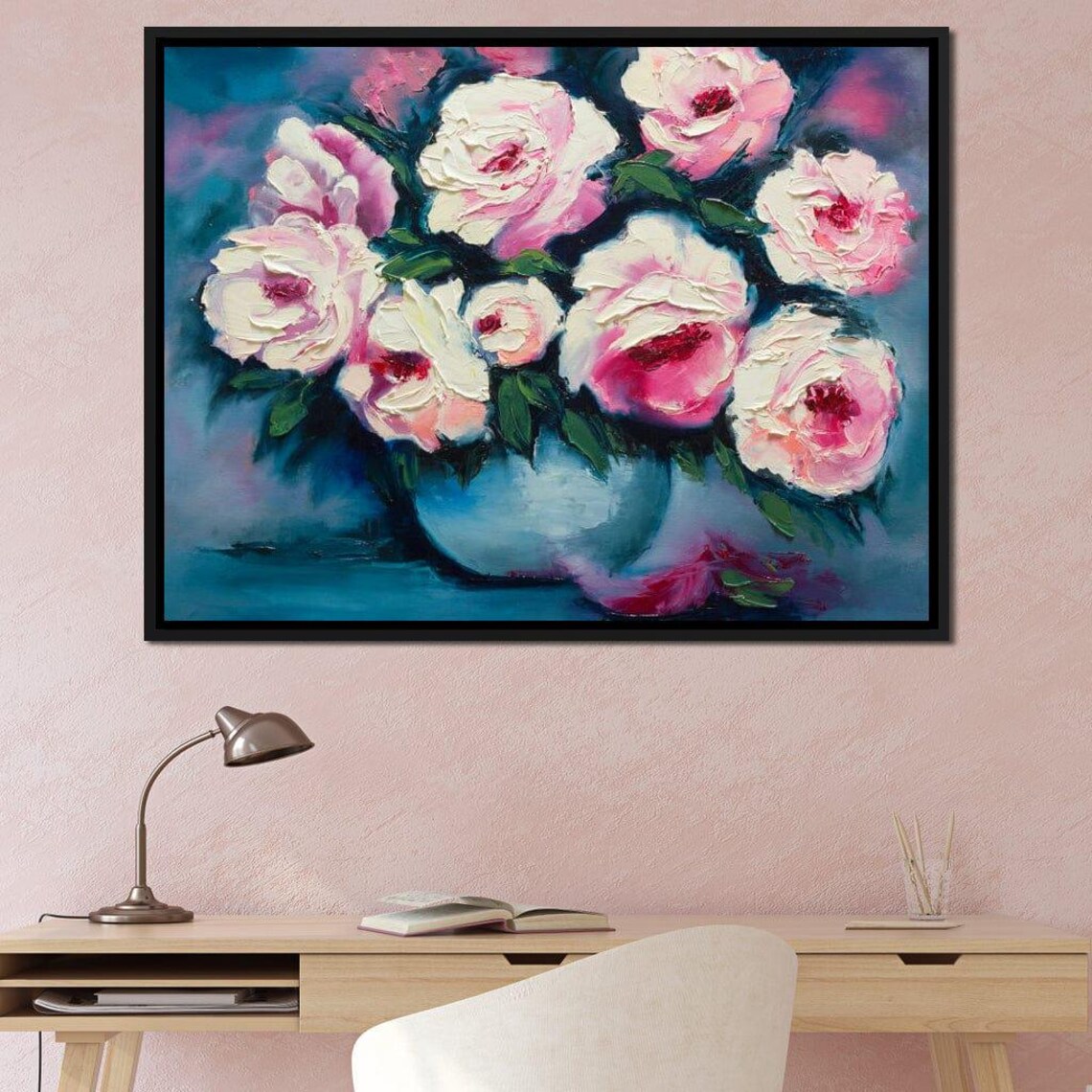 Pink Peonies In Blue Vase Impasto Floral Oil Painting Wall Art Print - Image 2