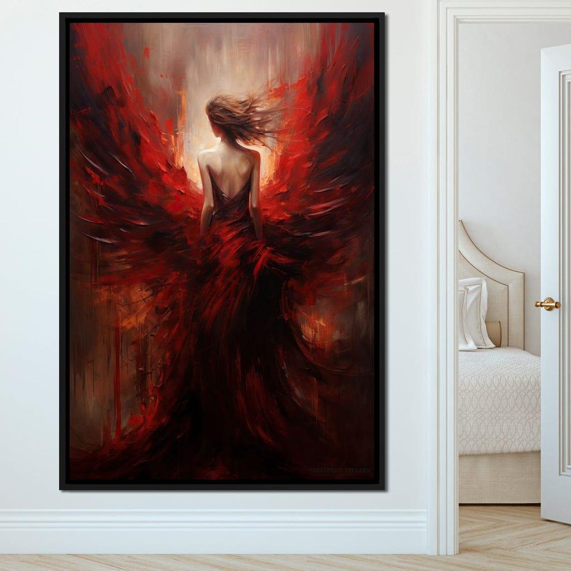 Crimson Shadow Lady In Flowing Red Gown Dramatic Oil Painting Poster
