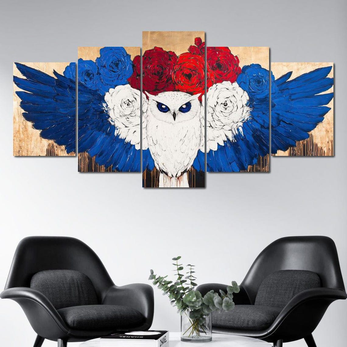 White Owl Spread Blue Wings Rose Crown Gold Drips Wildlife Poster - Image 3
