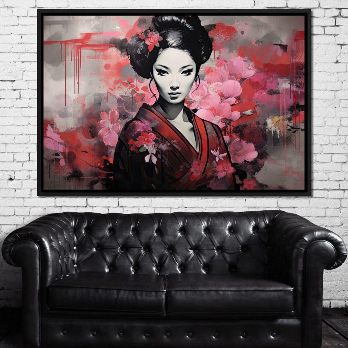 Geisha Cherry Blossom Crimson Kimono Night Floral Fantasy Wall Art - Image 2