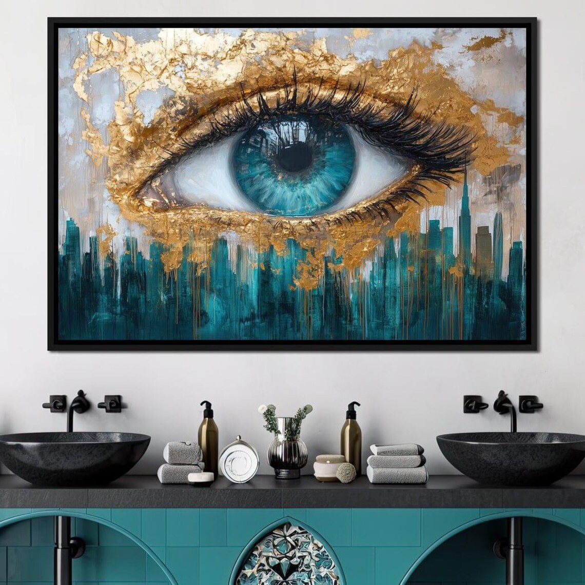Blue Eye Gold Leaf City Skyline Surreal Abstract Eye Wall Art