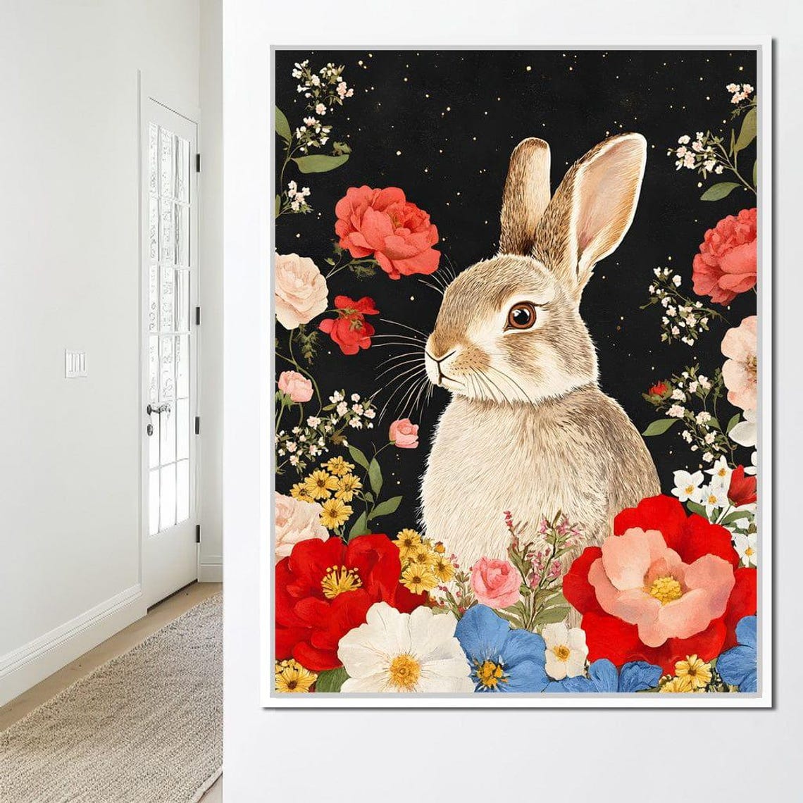 Cute Bunny Rabbit Among Colorful Blooms On A Starry Night Poster - Image 3