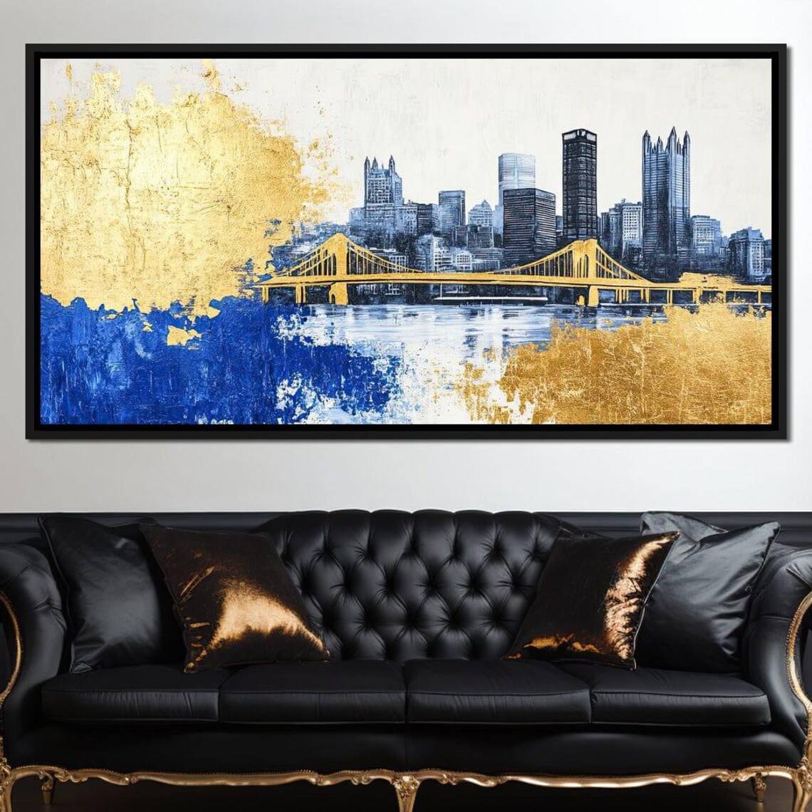 Golden Bridge City Skyline Blue Gold Watercolor Urban Poster - Image 3