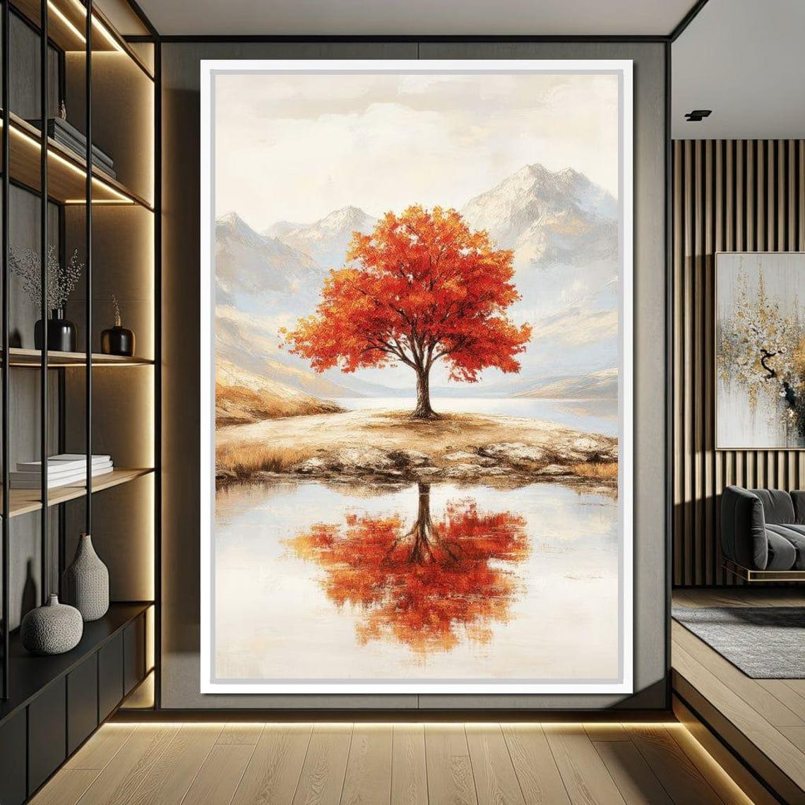 Fiery Autumn Tree Reflected In Still Mountain Lake Fall Scenery Poster - Image 2
