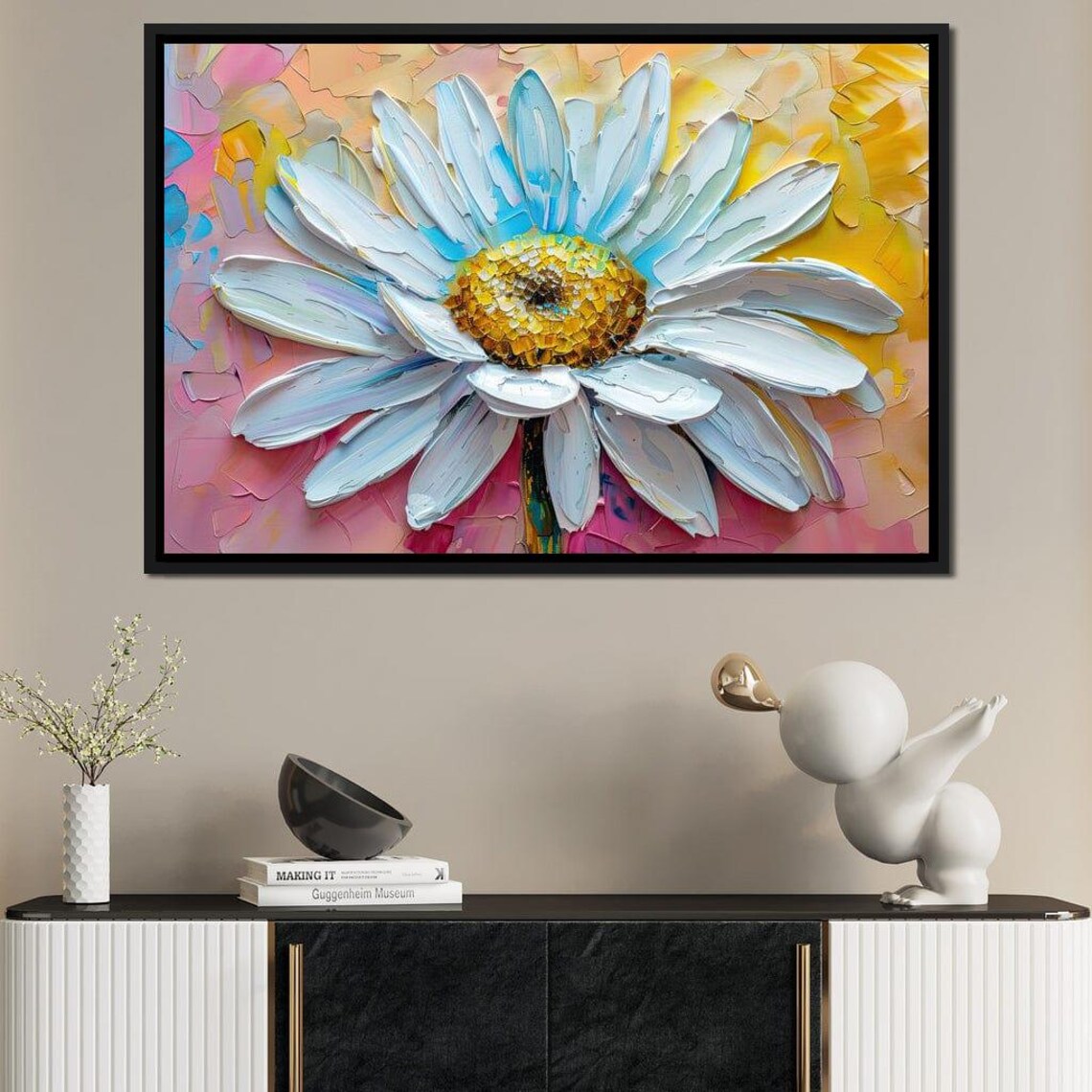 White Daisy Impasto Palette Knife Flower Pink Yellow Floral Poster - Image 3