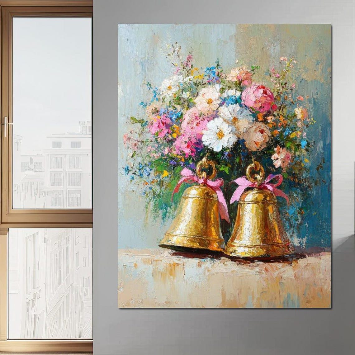 Two Golden Bells With Pink Ribbons Beneath Lush Floral Bouquet Poster - Image 2