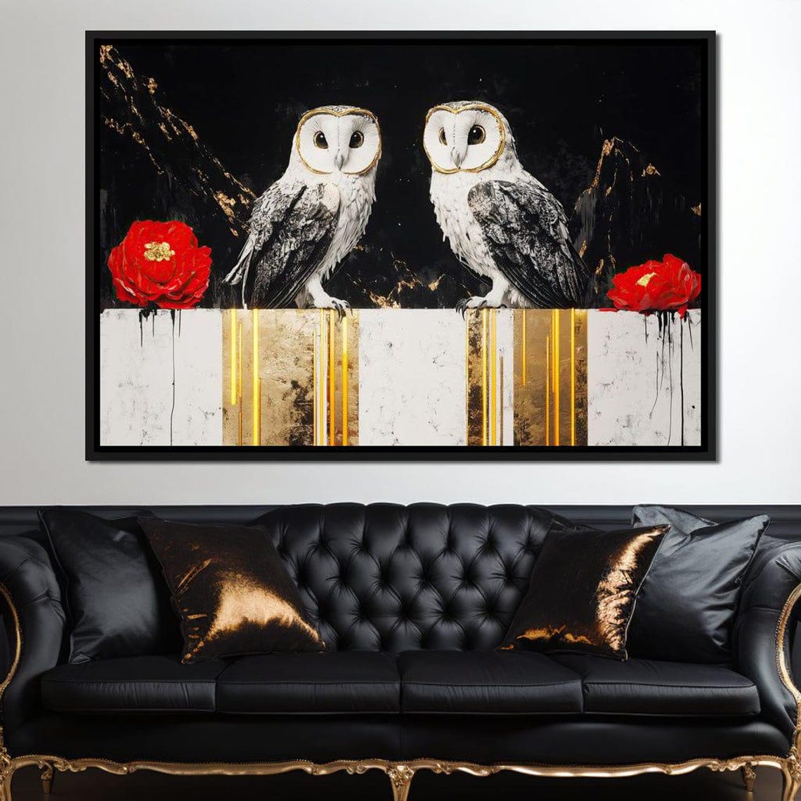 Two White Barn Owls On Gold Black Marble Red Flowers Art Poster - Image 2