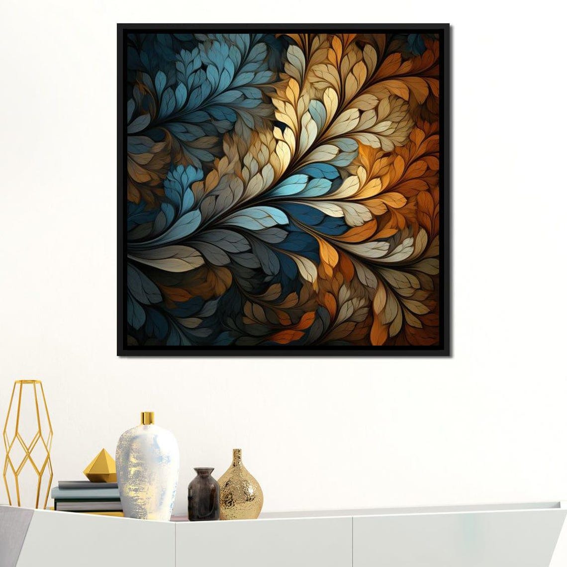 Swirling Teal Amber Leaf Mosaic Abstract Botanical Wall Art Poster - Image 3
