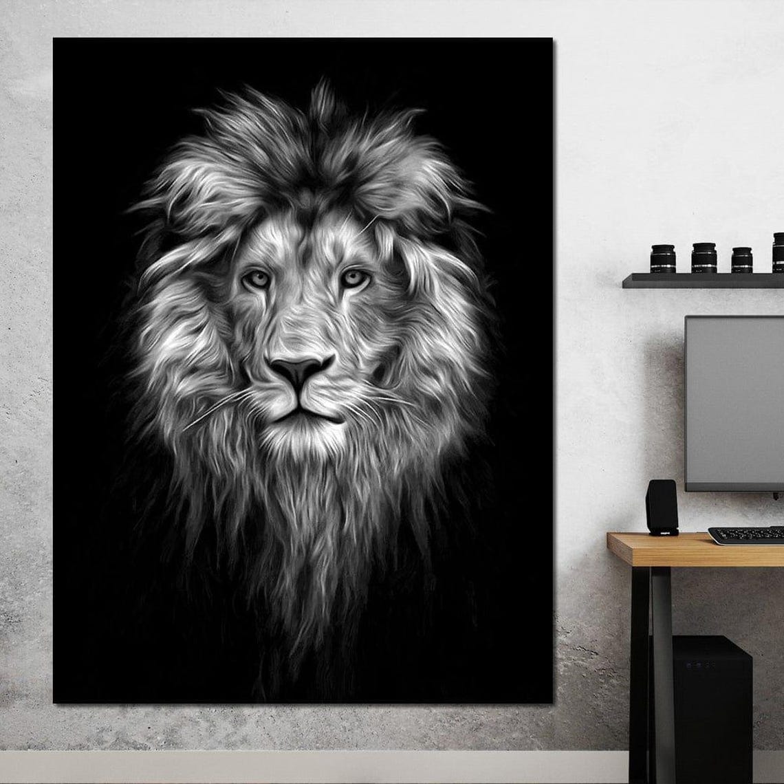 Black and White Lion Face Portrait Bold Monochrome Majestic Cat Poster - Image 2
