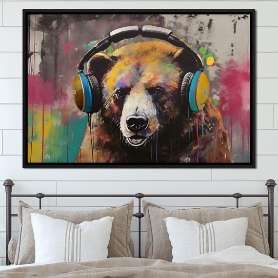 Colorful Bear Wearing Headphones Graffiti Pop Art Animal Wall Art Poster