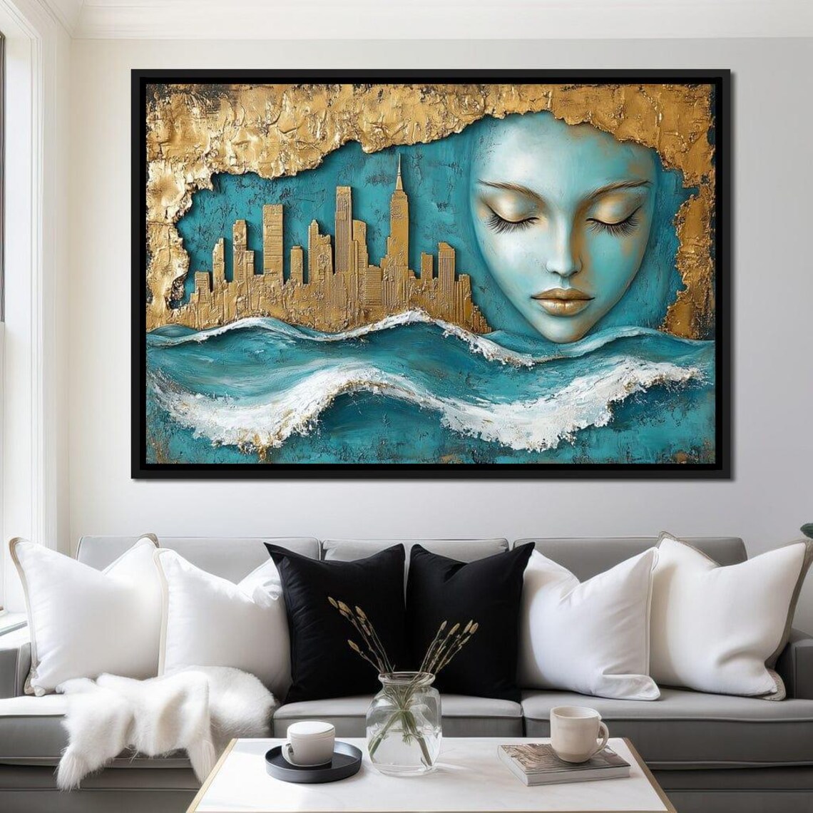 Golden City Skyline Ocean Waves Serene Woman Face Surreal Decor Poster - Image 4