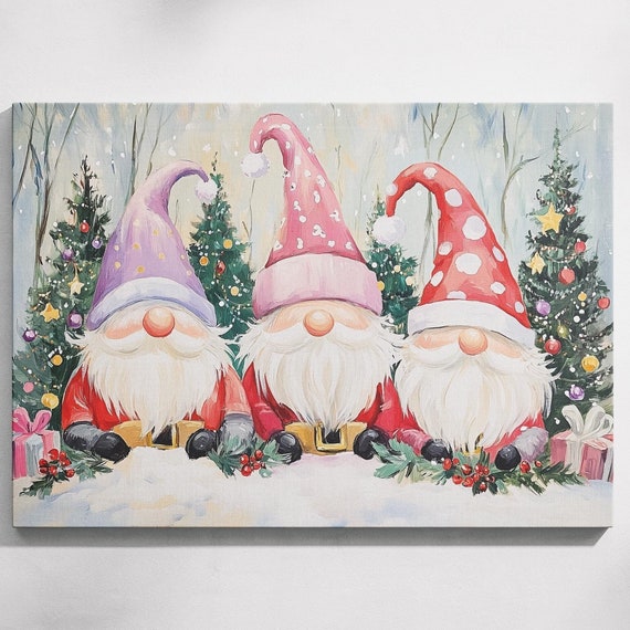 Christmas Gnome Trio Pastel Whimsical Gnome Art Cute Gnomes Print Charming Gnome Print Snowy Watercolor Art Playful Winter Art Print