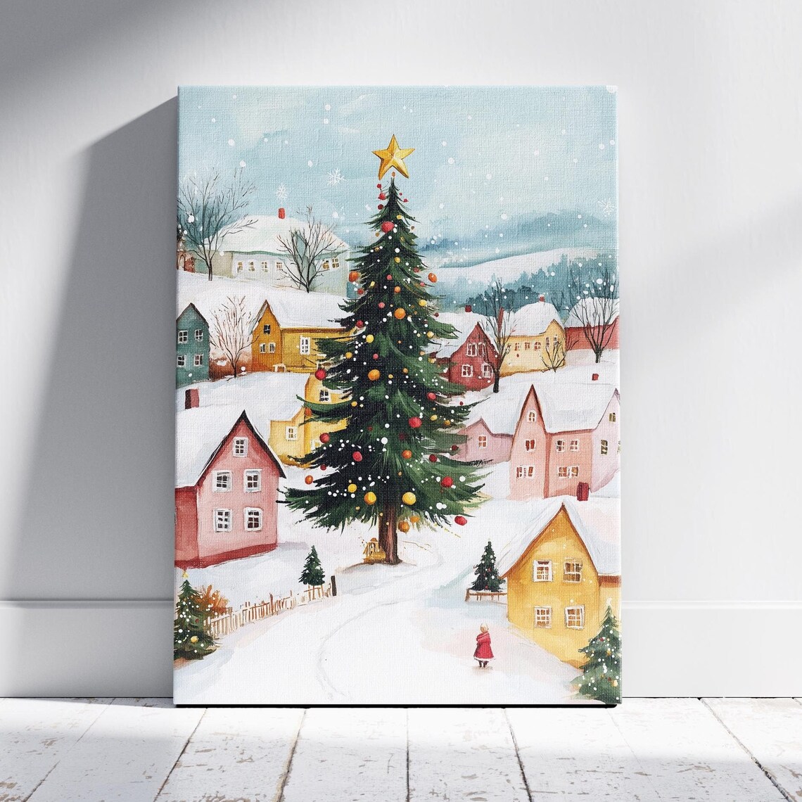 Snowy Christmas Village With Giant Tree And Colorful Houses Poster