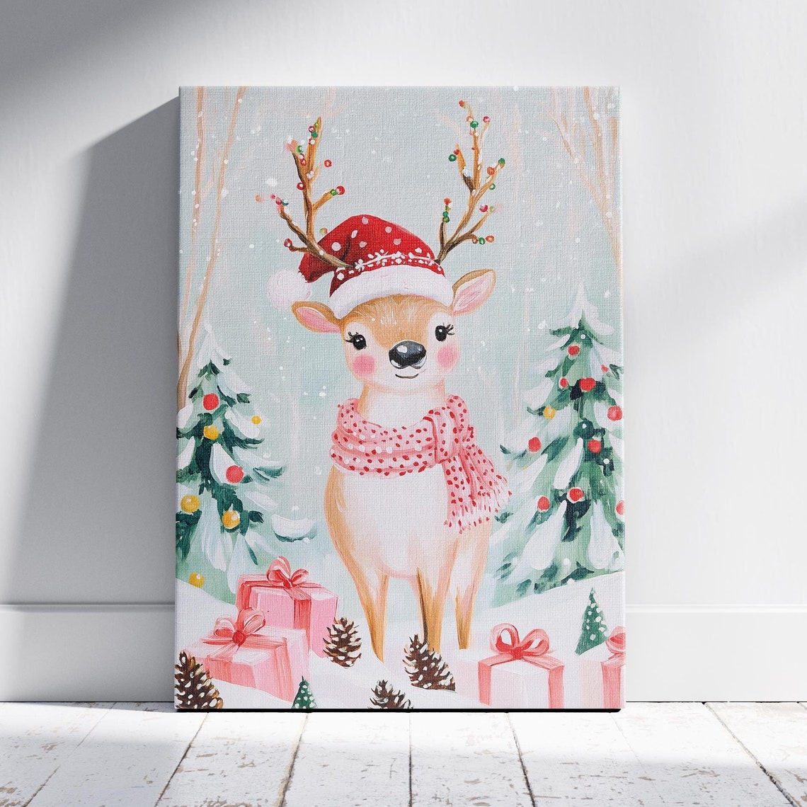 Christmas Scarf Reindeer Playful Antlers Art Winter Reindeer Art Happy Reindeer Art Reindeer Painting Winter Painting Reindeer Print