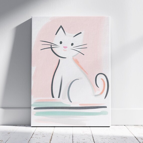 Minimalist White Cat Line Art Cute Pink Kitten Nursery Poster