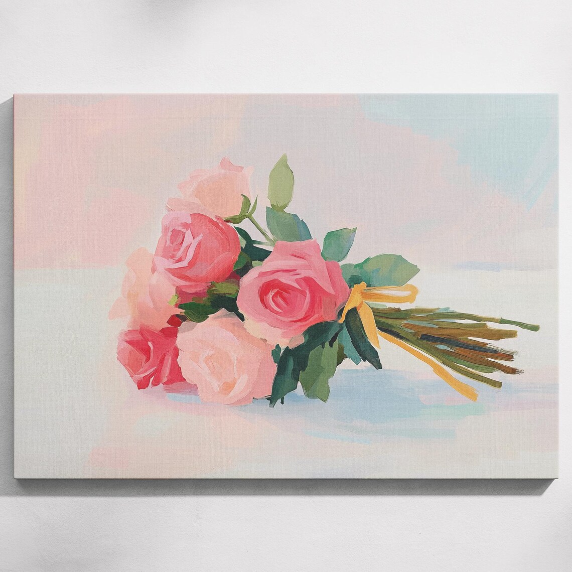 Pink Rose Bouquet Yellow Ribbon Pastel Romantic Wall Art Print