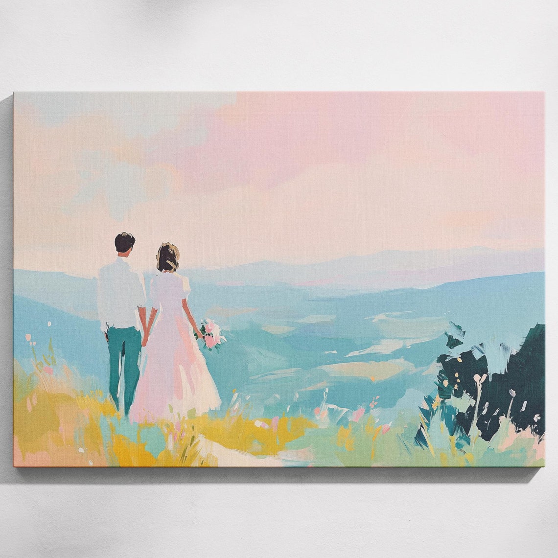Couple Holding Hands Ocean Overlook Sunset Romantic Wedding Poster