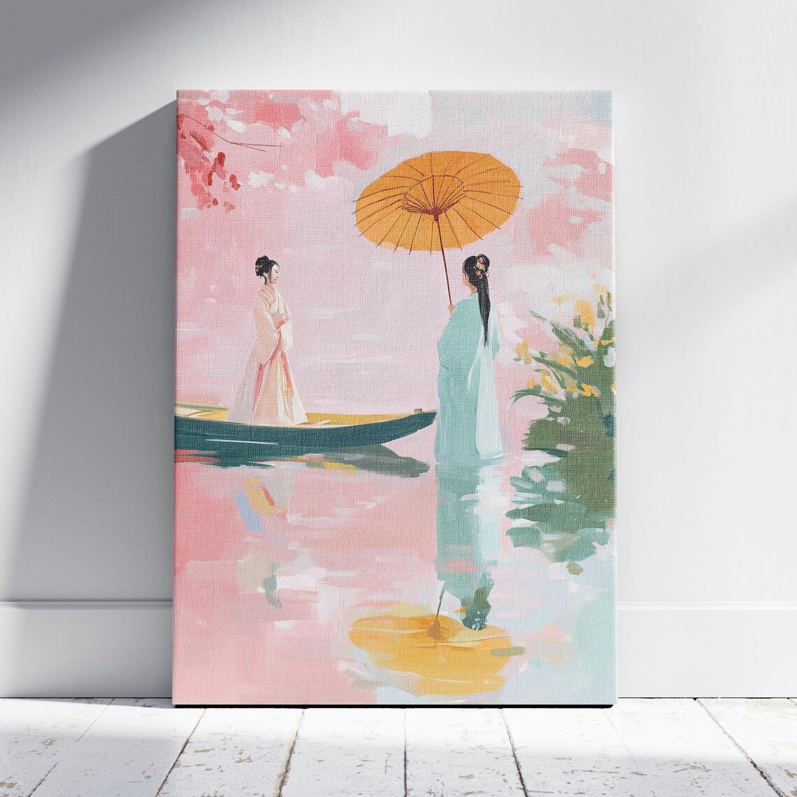 Chinoiserie Two Women Parasol By Water Pink Pastel Art Poster