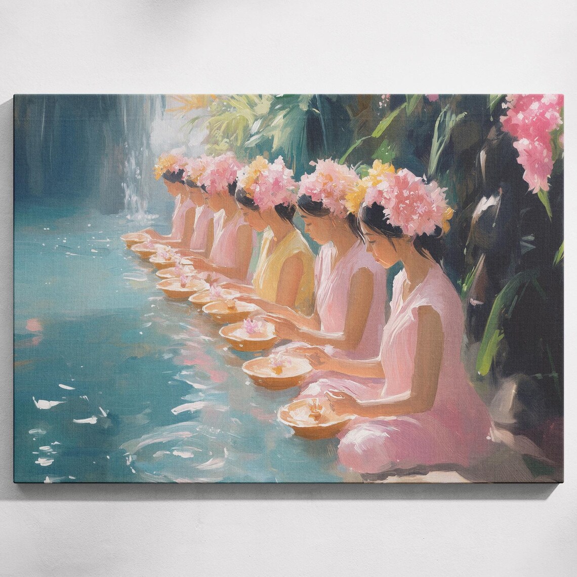 Bali Prayer Women Flower Crowns Offering Bowls Temple Pool Tropical Poster