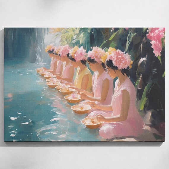 Bali Prayer Women Flower Crowns Offering Bowls Temple Pool Tropical Poster