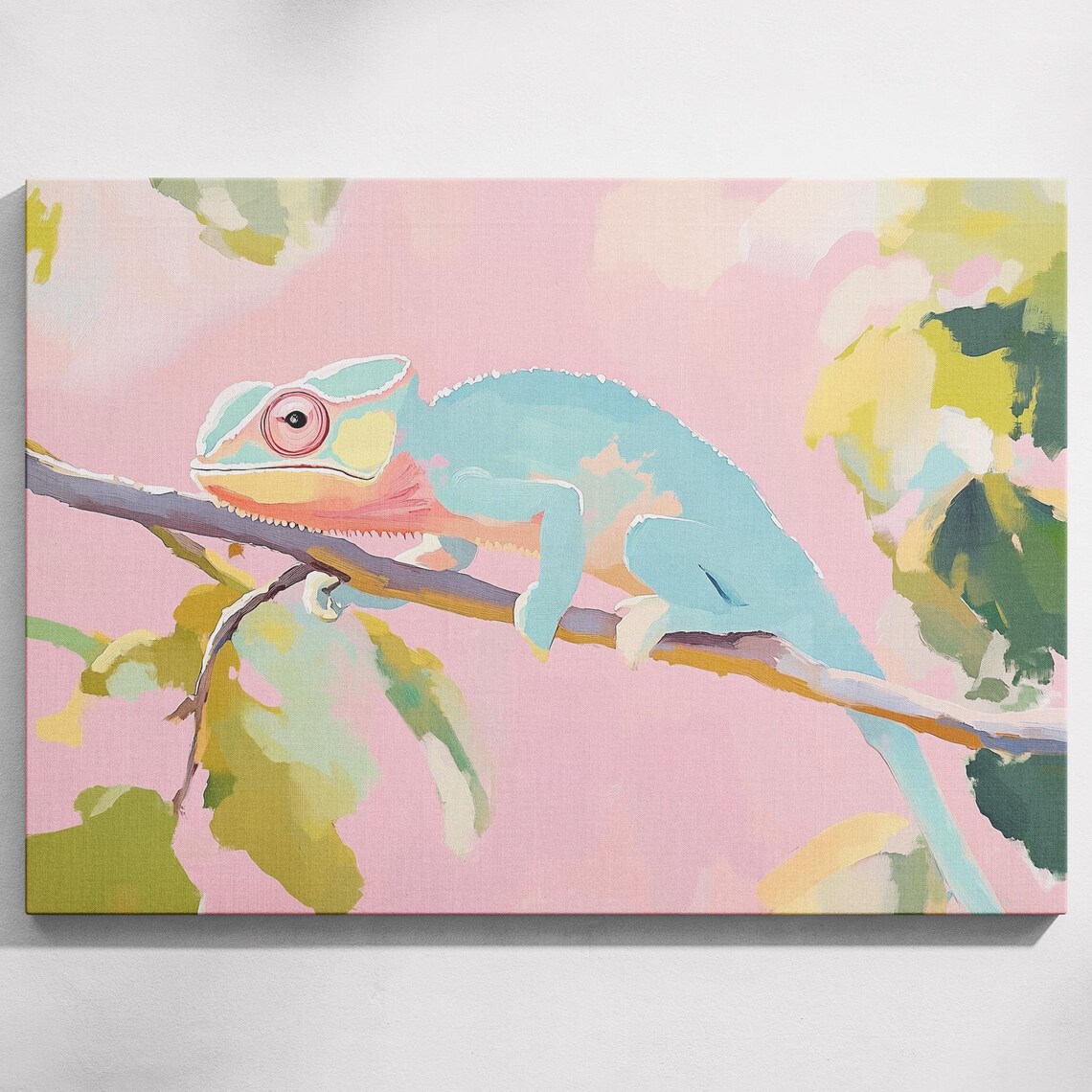 Blue Pink Chameleon Branch Pastel Reptile Portrait Wildlife Poster