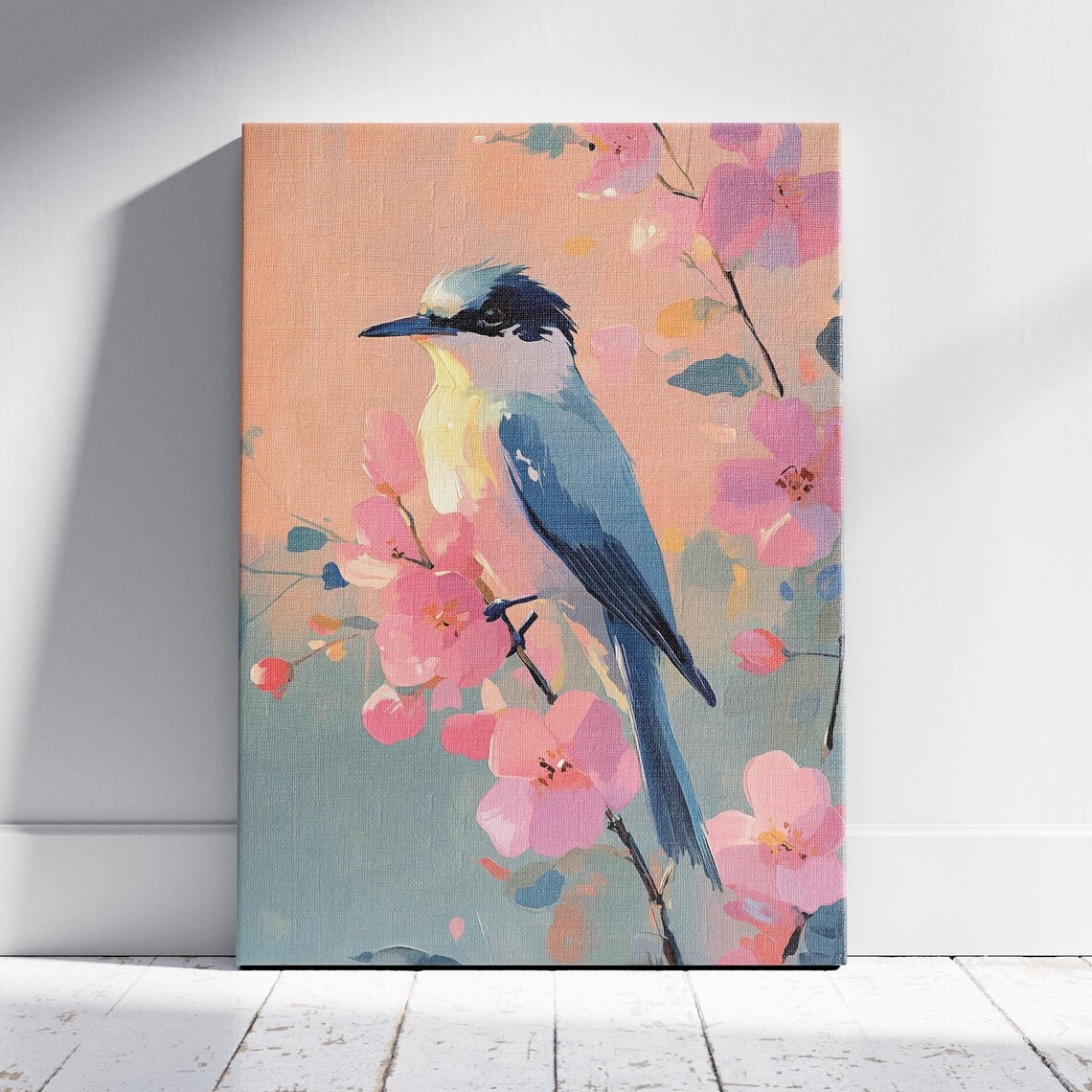 Azure Blue Bird on Pink Cherry Blossom Branch Pastel Spring Art Poster