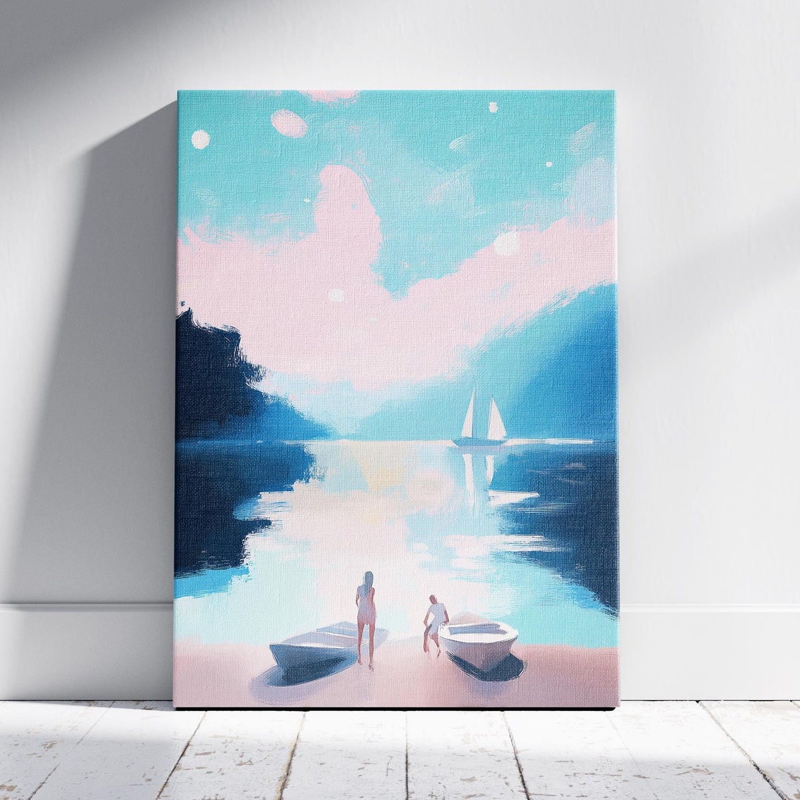 Pastel Beach Sailboat Pink Shore Turquoise Water Wall Art Print