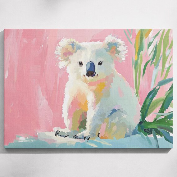 Cute White Koala Portrait Pink Background Eucalyptus Art Poster